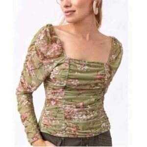 Maeve Anthropologie Floral Ruched Tulle Top